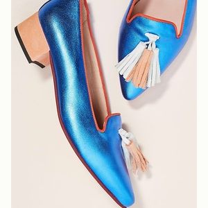 Bisue ballerina in festive blue and suede heel.